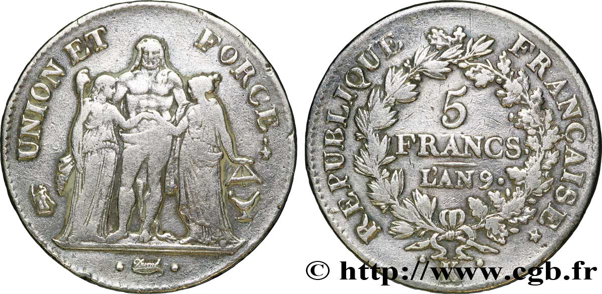 5 francs Union et Force, Union serré, avec glands intérieurs et gland extérieur 1801 Bordeaux F.288/159 MBC 