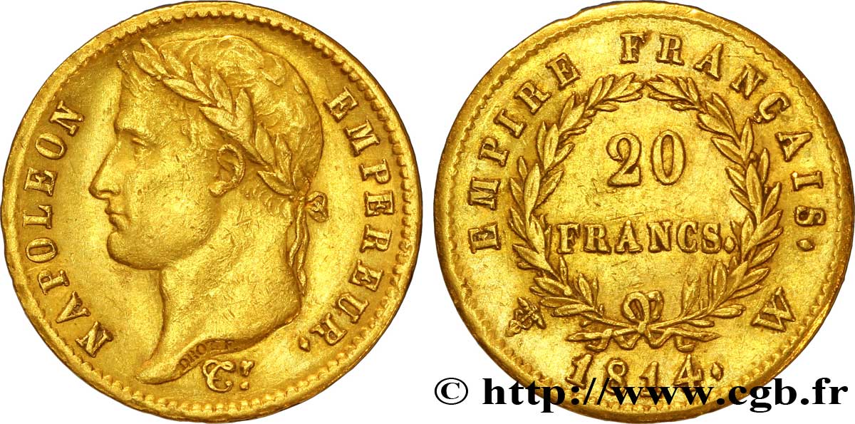 20 francs or Napoléon tête laurée, Empire français 1814 Lille F.516/42 SS 