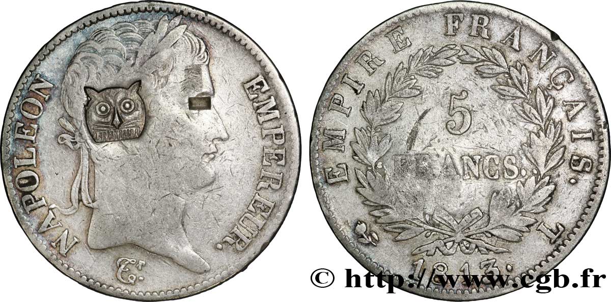 5 francs Napoléon Empereur, Empire français, contremarqué d’une tête de tigre 1813 Bayonne F.307/67 var. VF 