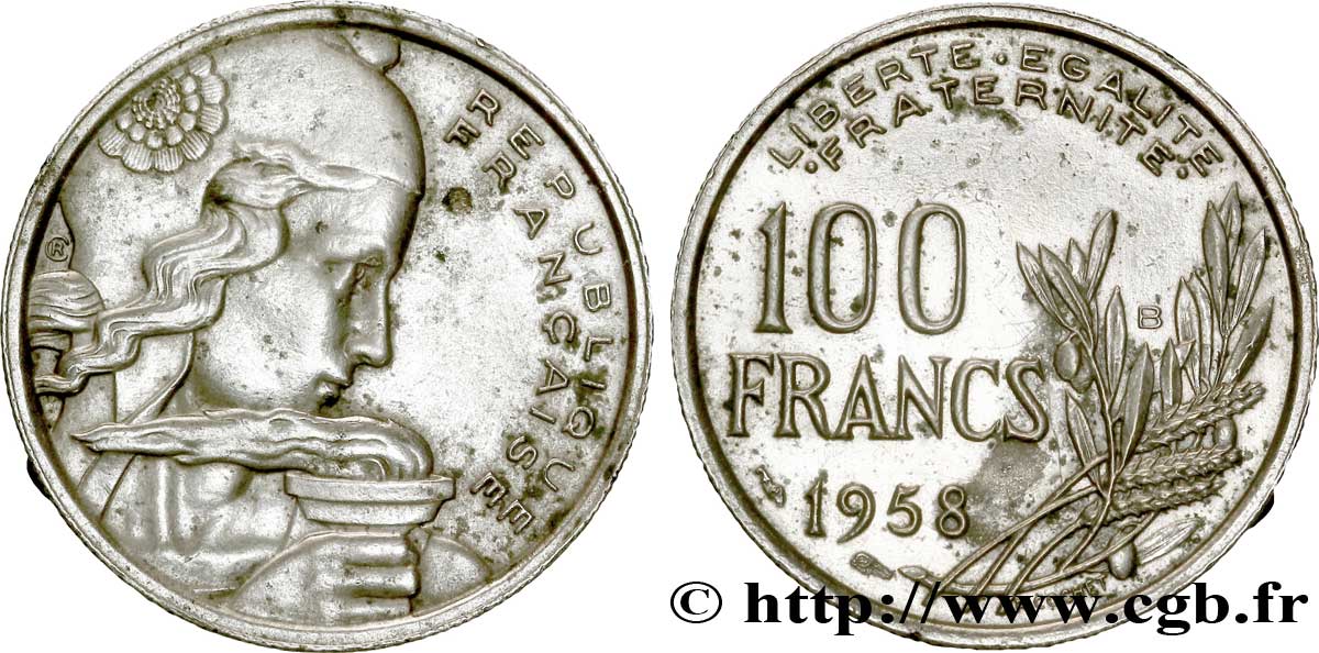 100 francs Cochet, frappe médaille 1958 Beaumont-Le-Roger F.450/14 var. BB 