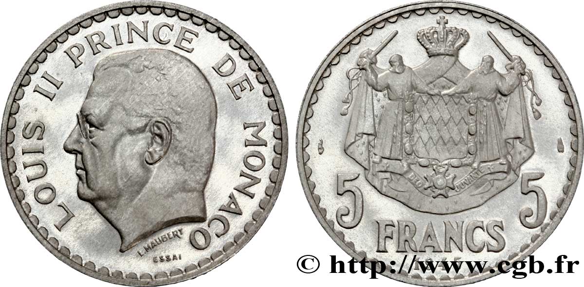 MONACO - PRINCIPAUTÉ DE MONACO - LOUIS II Essai de 5 francs 1945 Paris SPL 