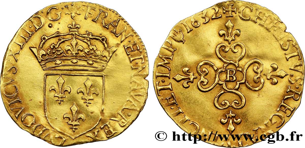 LOUIS XIII LE JUSTE Écu d or au soleil, à la croix anillée fleurdelisée 1632 Rouen TTB+