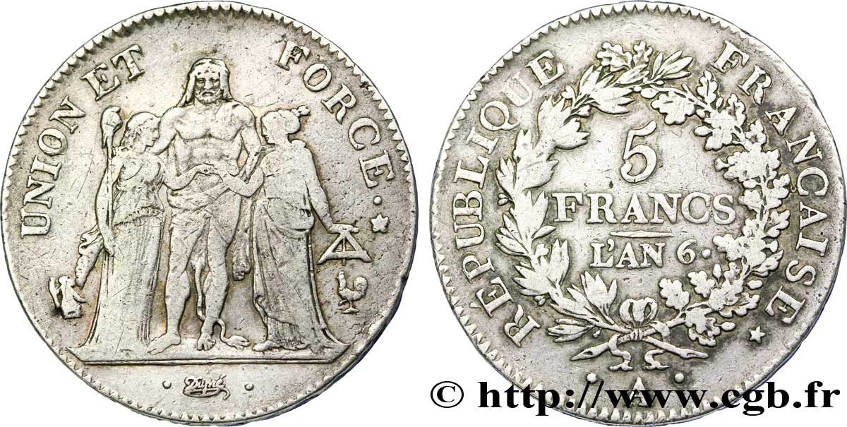 5 francs Union et Force, Union serré, avec glands intérieurs et gland extérieur 1798 Paris F.288/35 TB 