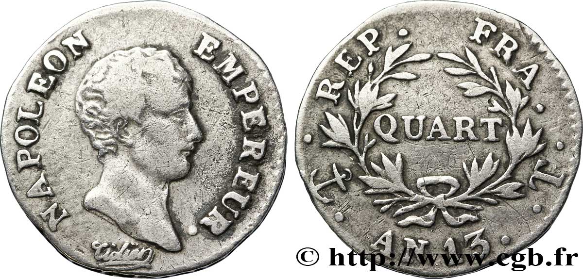 Quart (de franc) Napoléon Empereur, Calendrier révolutionnaire 1805 Nantes F.158/16 BC 