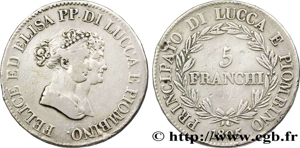 5 franchi, moyens bustes 1805 Florence M.1472  TB 