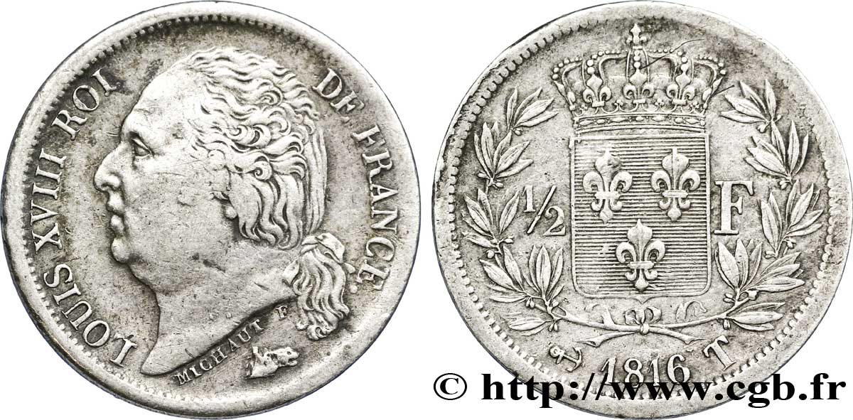 1/2 franc Louis XVIII 1816 Nantes F.179/7 XF 