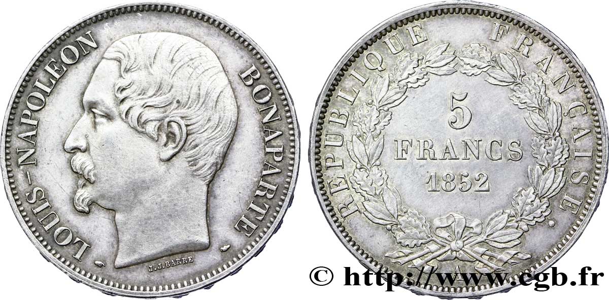5 francs Louis-Napoléon, J.J. BARRE 1852 Paris F.328/1 SUP 