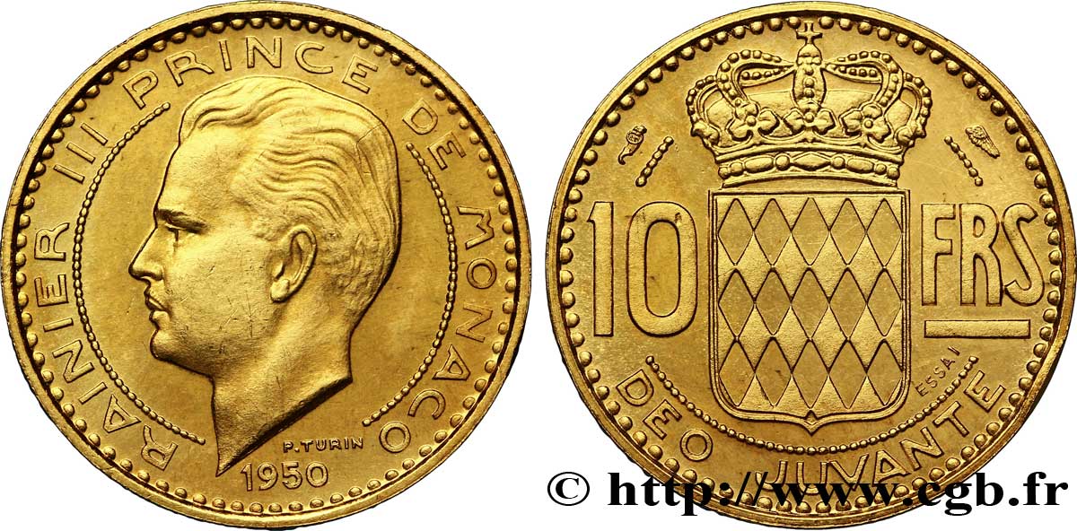 MONACO - PRINCIPAUTÉ DE MONACO - RAINIER III Essai en or de 10 francs prince Rainier III 1950 Paris SUP 