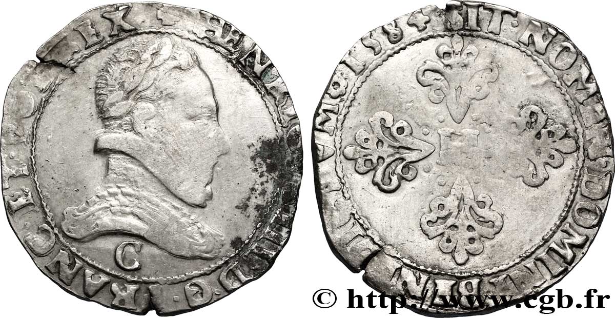 HENRI III Franc au col plat 1584 Saint-Lô B+