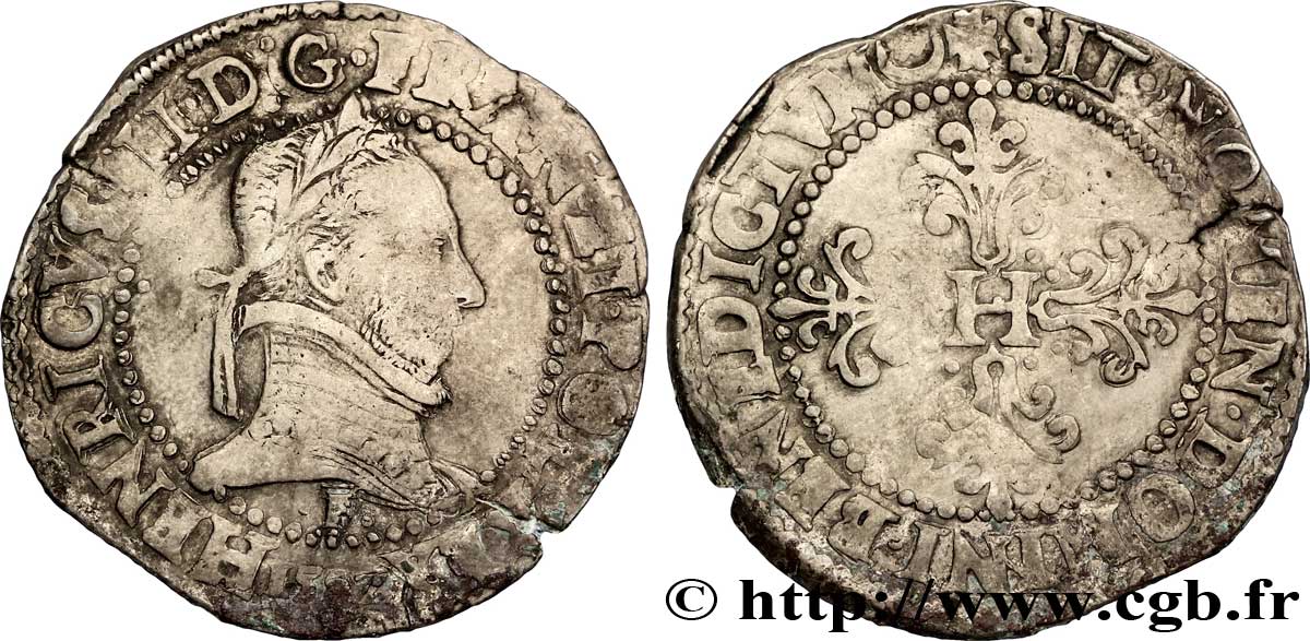 HENRI III Franc au col plat 1577 Angers TB+