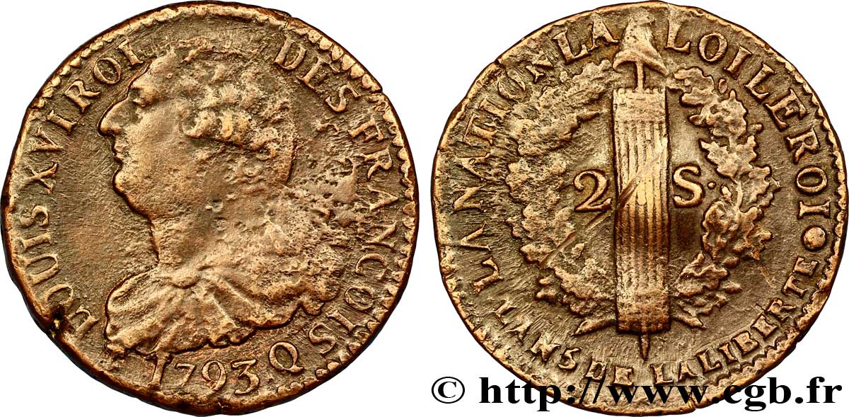 LOUIS XVI (MONARQUE CONSTITUTIONNEL) 2 sols dit au faisceau , type FRANÇOIS 1793 Perpignan TTB