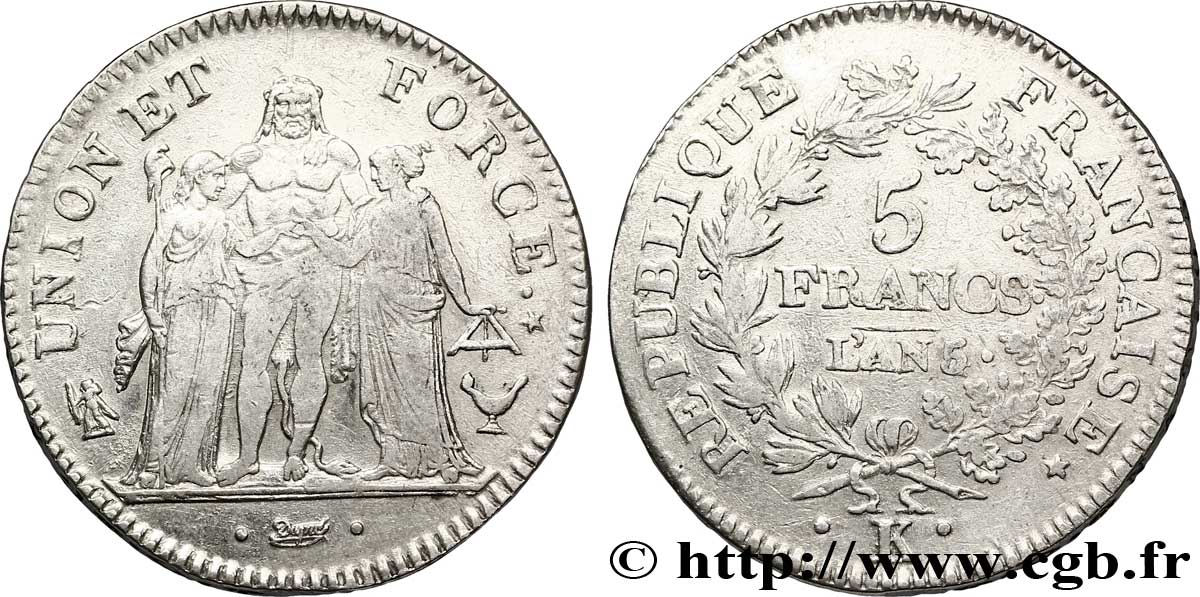 5 francs Union et Force, Union desserré, avec glands intérieurs et gland extérieur 1797 Bordeaux F.291/15 TTB 