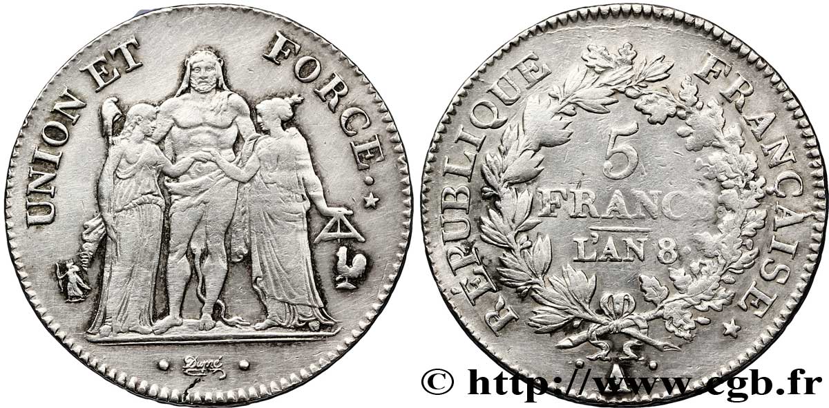 5 francs Union et Force, Union serré, avec glands intérieurs et gland extérieur 1800 Paris F.288/126 TTB 