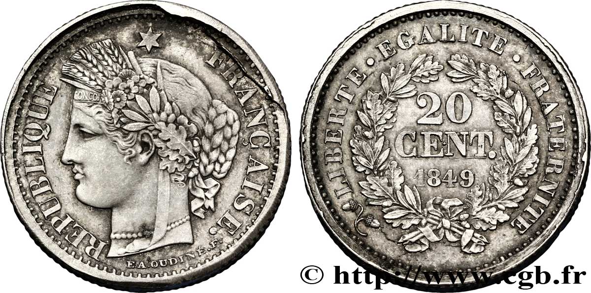 Concours 1848, essai-piéfort au quadruple de 20 centimes Cérès, IIe République 1849  F.146/1 var. SPL 