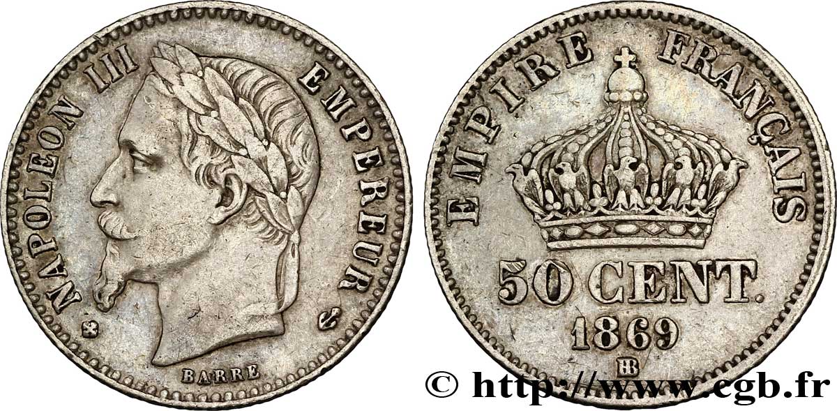 50 centimes Napoléon III, tête laurée 1869 Strasbourg F.188/23 TTB 