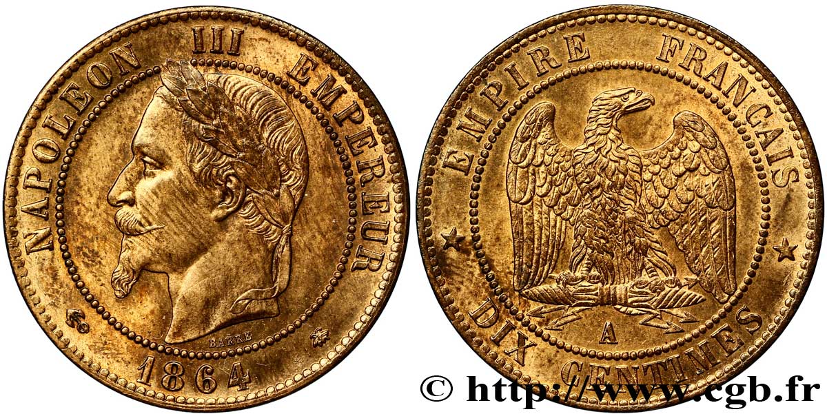 Dix centimes Napoléon III, tête laurée 1864 Paris F.134/13 SUP 