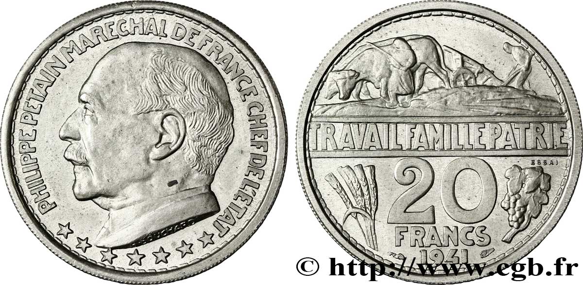 Essai de 20 francs Pétain par Bouchard 1941  VG.5564  SUP 