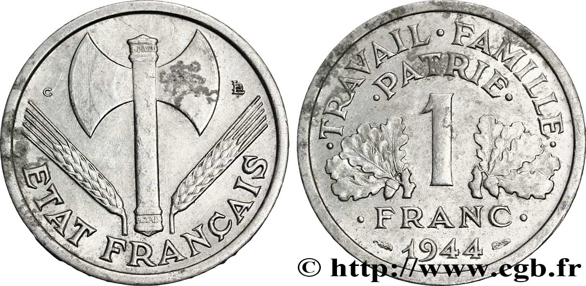 1 franc Francisque, légère, petit C 1944 Castelsarrasin F.223/8 TTB 