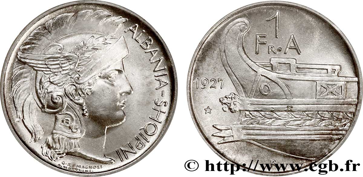 ALBANIE - RÉPUBLIQUE 1 frang argent 1927 Rome SPL 