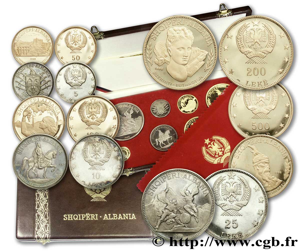 ALBANIA - REPUBLIC Série de cinq monnaies en or et de trois en argent 1968  fST 