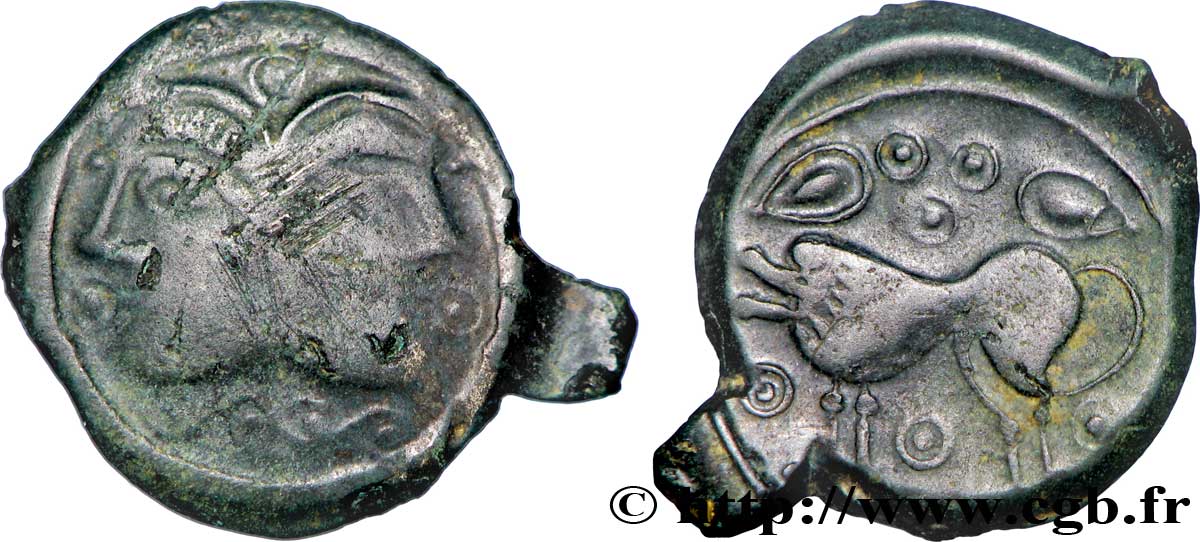 GALLIEN - BELGICA - SUESSIONES (Region die Soissons) Bronze à la tête janiforme, classe III S/fVZ