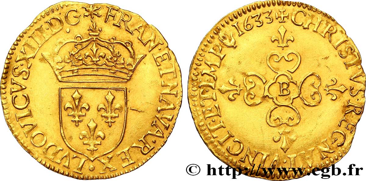 LOUIS XIII LE JUSTE Écu d or au soleil, à la croix anillée fleurdelisée 1633 Rouen SUP/TTB+