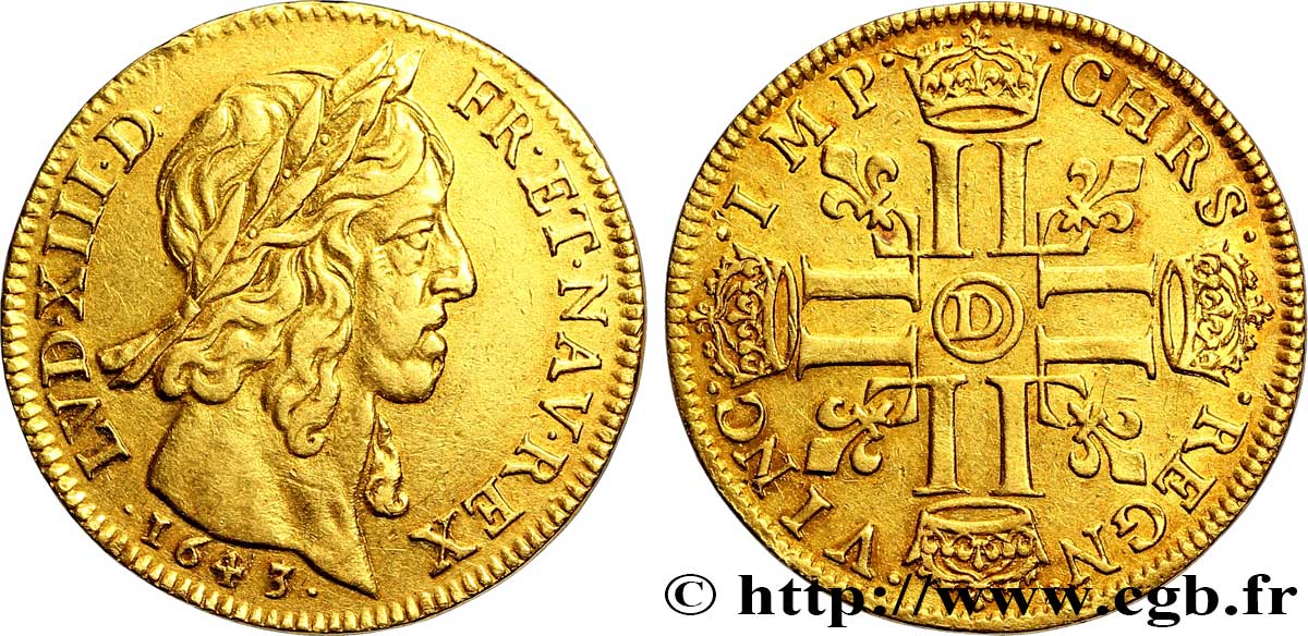 LOUIS XIII LE JUSTE Double louis d or aux huit L (effigie de Jean Warin), légende fautée 1643 Lyon TTB/TTB+