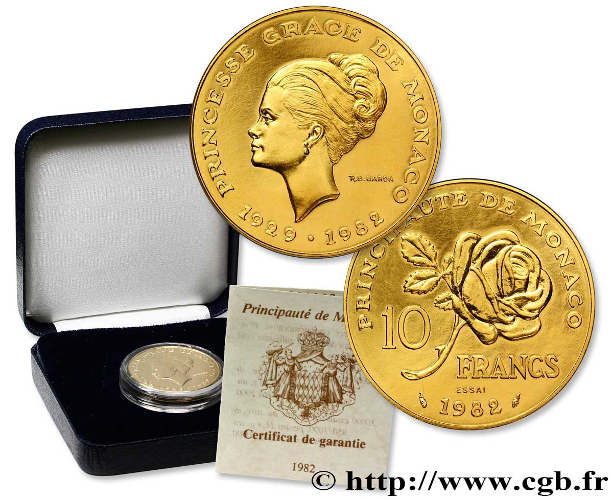 MONACO - PRINCIPAUTÉ DE MONACO - RAINIER III Essai en or de 10 francs princesse Grace de Monaco 1982 Paris FDC 