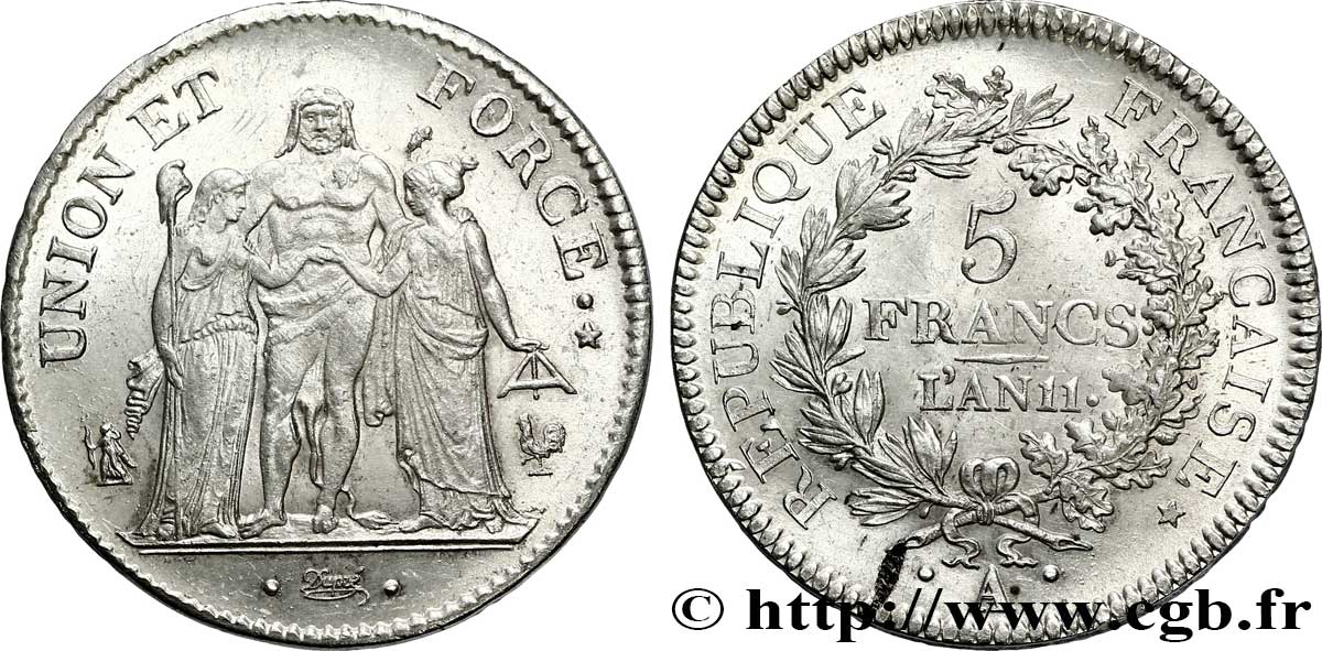 5 francs Union et Force, Union serré, seulement glands intérieurs 1803 Paris F.288/187 SUP 
