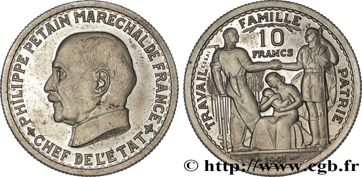 Essai de 10 francs Pétain en cupro-nickel de Bazor/Vézien 1943  VG.-  SPL 