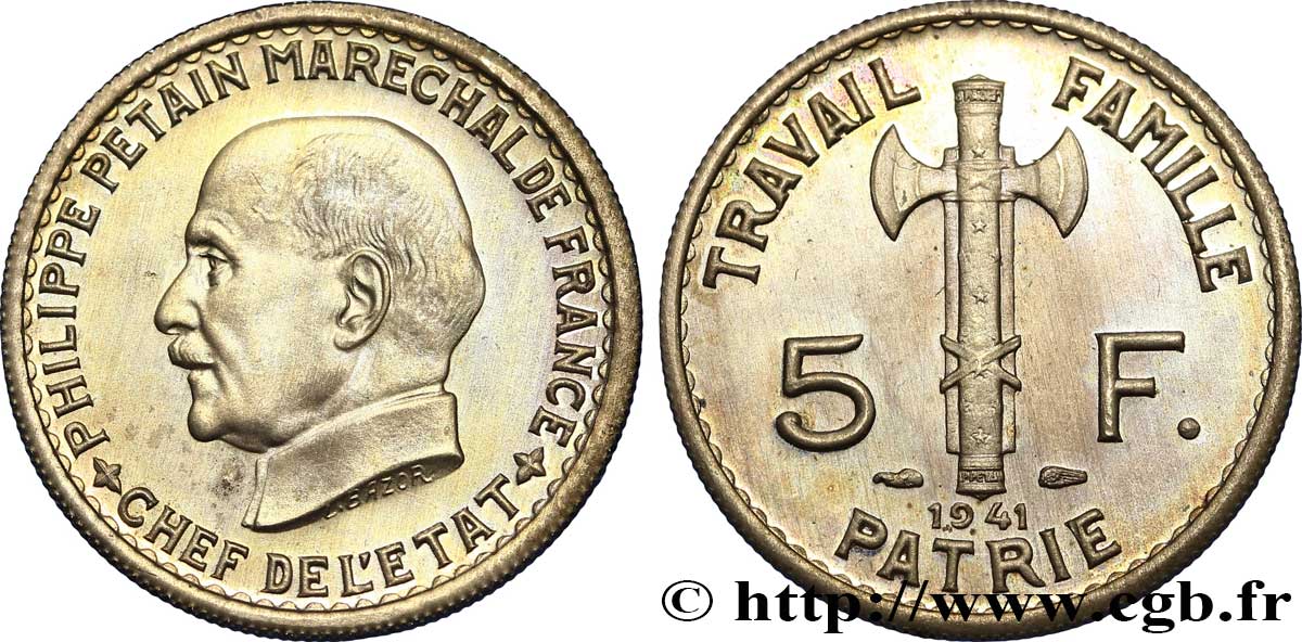 Pré-série de 5 francs Pétain, légère 1941  F.338/1 var. SPL 