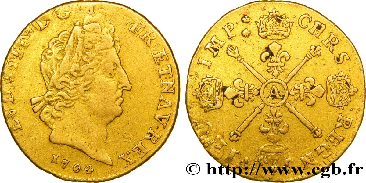 LOUIS XIV  THE SUN KING  Louis d or aux insignes 1704 Paris XF