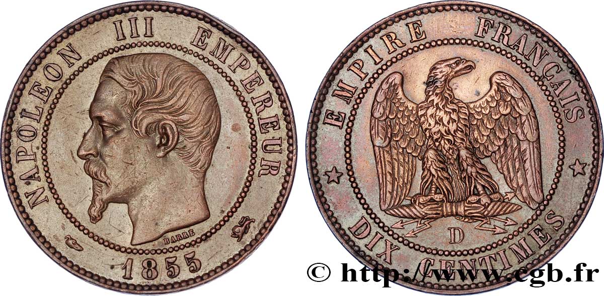 Dix centimes Napoléon III, tête nue 1855 Lyon F.133/25 MBC 