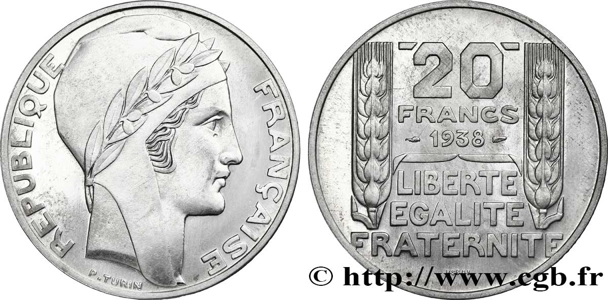 Préparation de la 20 francs Pétain, type Turin, essai en aluminium, tranche lisse, 3,6 g 1938 Paris VG.5489  b FDC 