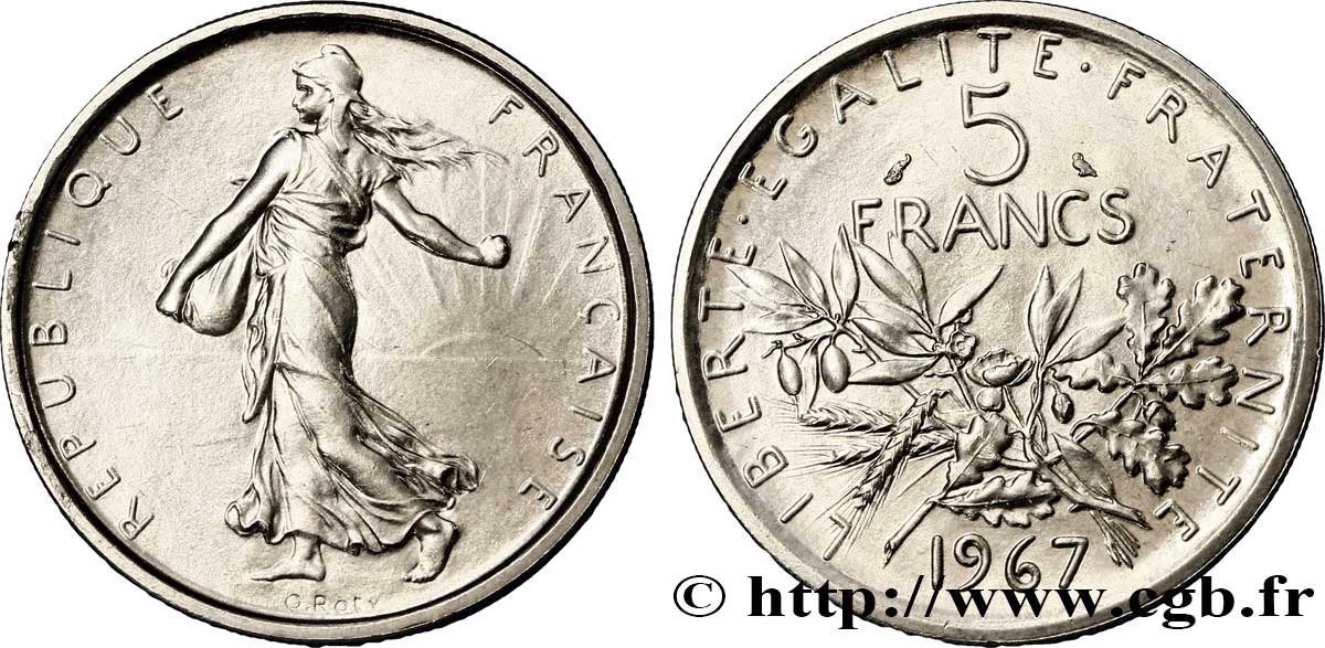 Pré-série de 5 francs Semeuse, nickel (magnétique) brillant, large 1967 Paris G.771  FDC 