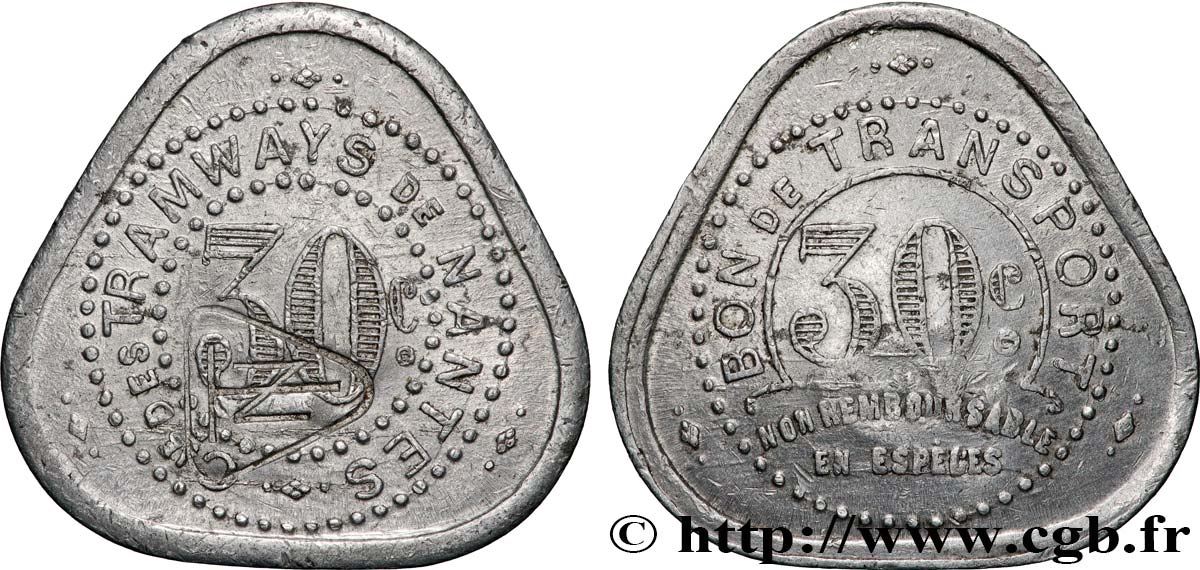 TRANSPORTS (TRAINS, BUS, TRAMWAYS, BATEAUX...) 30 Centimes- Compagnie de Tramways de Nantes TTB
