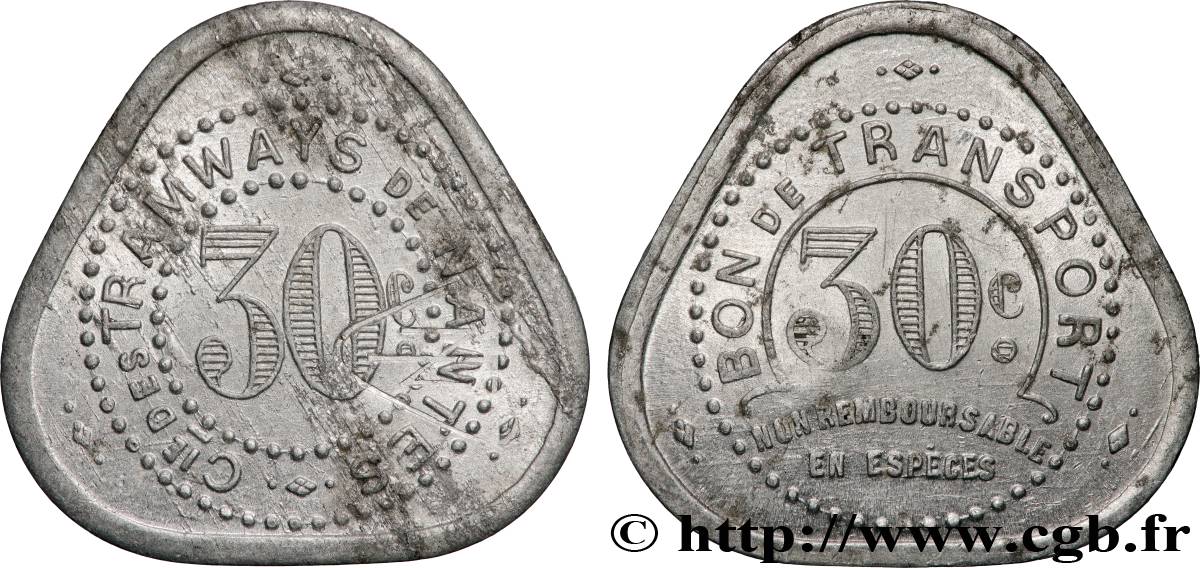 TRANSPORTS (TRAINS, BUS, TRAMWAYS, BATEAUX...) 30 Centimes- Compagnie de Tramways de Nantes TTB