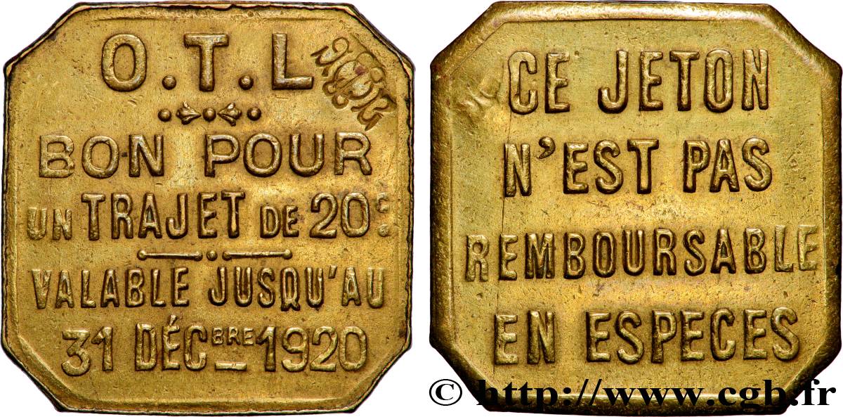 TRANSPORTS (TRAINS, BUS, TRAMWAYS, BATEAUX...) 20 Centimes - Trajet O.T.L (Omnibus Tramways de Lyon) TTB+