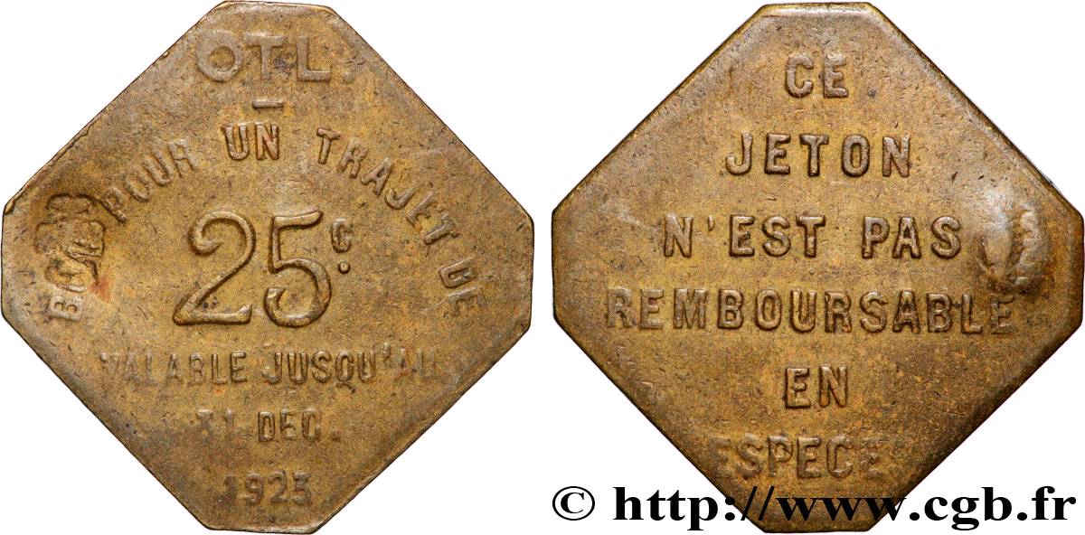 TRANSPORTS (TRAINS, BUS, TRAMWAYS, BATEAUX...) 25 Centimes - Trajet O.T.L (Omnibus Tramways de Lyon) TTB