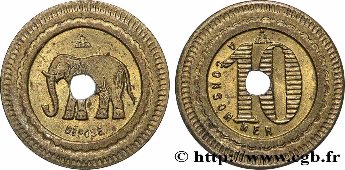 JETONS MACHINES Å SOUS ET ARCADES 10 Centimes Bon à consommer Éléphant XF
