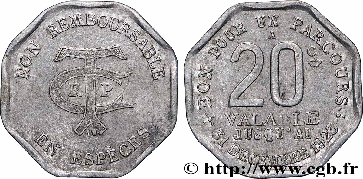 TRANSPORTS EN COMMUN REGION PARISIENNE 20 Centimes Société des Transports en Commun de la Région Parisienne XF