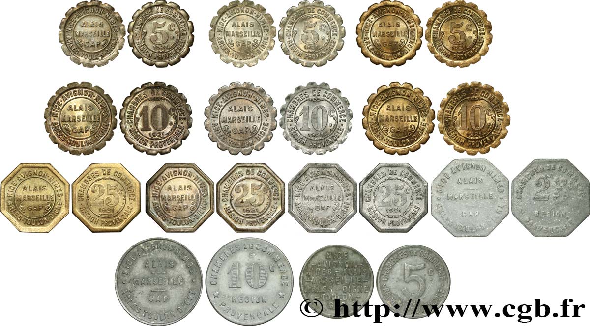 CHAMBRES DE COMMERCE REGION PROVENCALE Série quasiment complète des douze monnaies de la Région Provençale AU