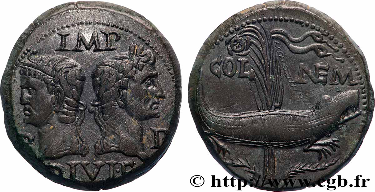 NEMAUSUS - NISMA - AUGUSTO e AGRIPPA Dupondius COL NEM (as) q.SPL