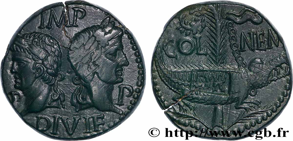 NEMAUSUS - NÎMES - AUGUSTE et AGRIPPA Dupondius COL NEM (as) TTB+/SUP