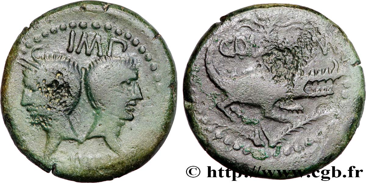 AUGUSTE et AGRIPPA Dupondius COL NEM (as) - Agrippa barbu TTB/TB+