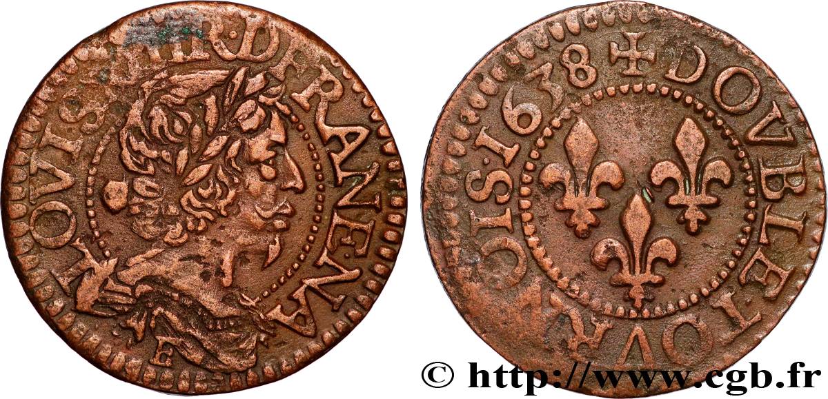 LOUIS XIII LE JUSTE Double tournois, 14e type 1638 Tours TTB+