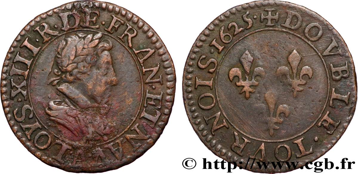 LOUIS XIII LE JUSTE Double tournois, type 2 de Paris 1625 Paris TTB