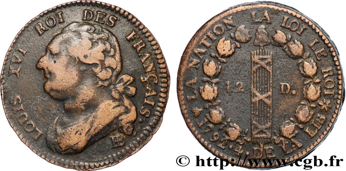 LOUIS XVI (MONARQUE CONSTITUTIONNEL) 12 deniers dit au faisceau , type FRANÇAIS 1792 Strasbourg TTB