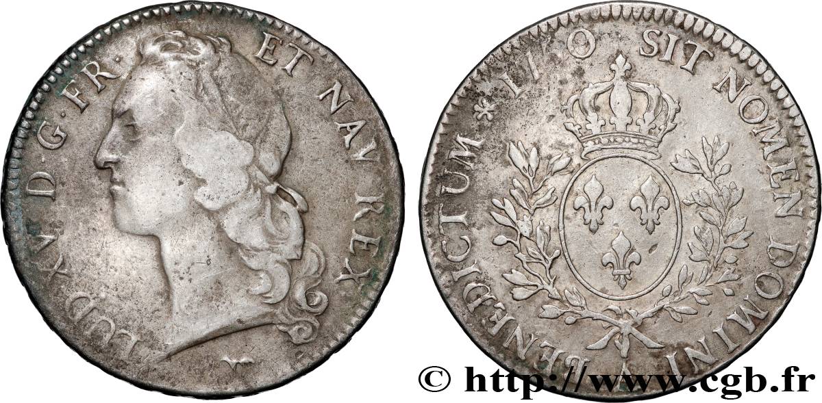 LOUIS XV  THE WELL-BELOVED  Écu aux branches d’olivier, tête ceinte d’un bandeau 1750 Paris VF/XF