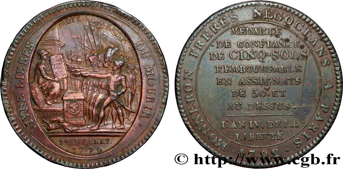 REVOLUTION COINAGE Monneron de 5 sols au serment (An IV), 3e type 1792 Birmingham, Soho XF/AU